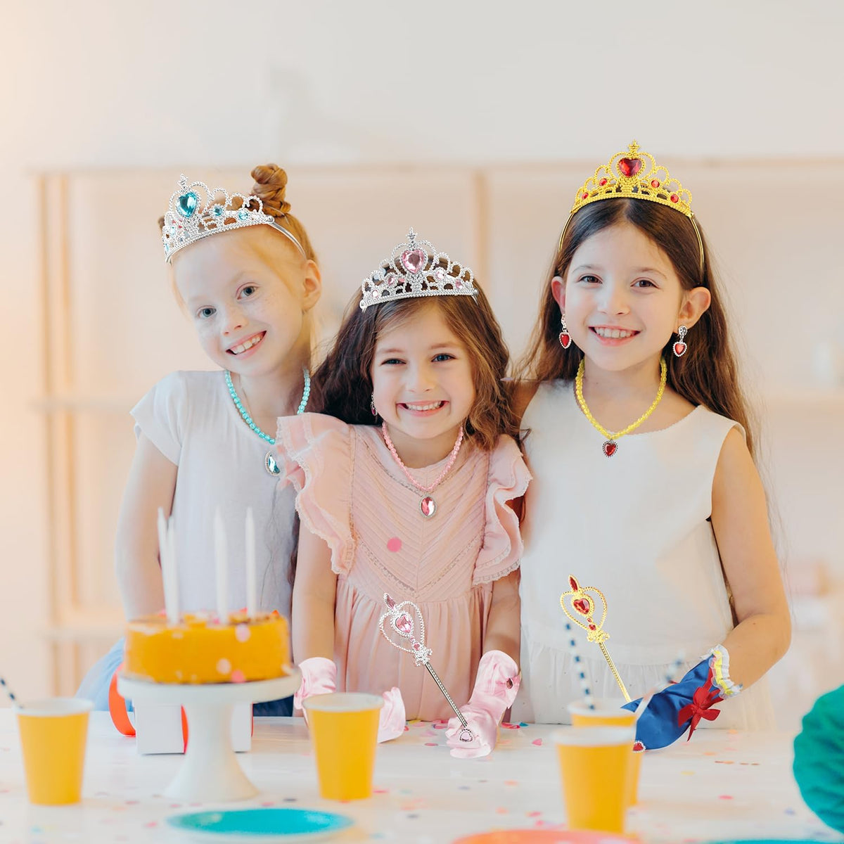 Cocojeci Princess Dress Up Party Accessories for Princess Costume Gloves Tiara Wand Necklace Earrings Bracelet and Ring Gift Set 9pcs (Pink, Set of 7, 9pcs)