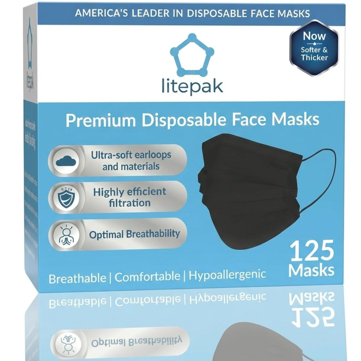 Litepak 125-Pack Disposable Face Mask Premium Comfort Earloops with Dispenser Box