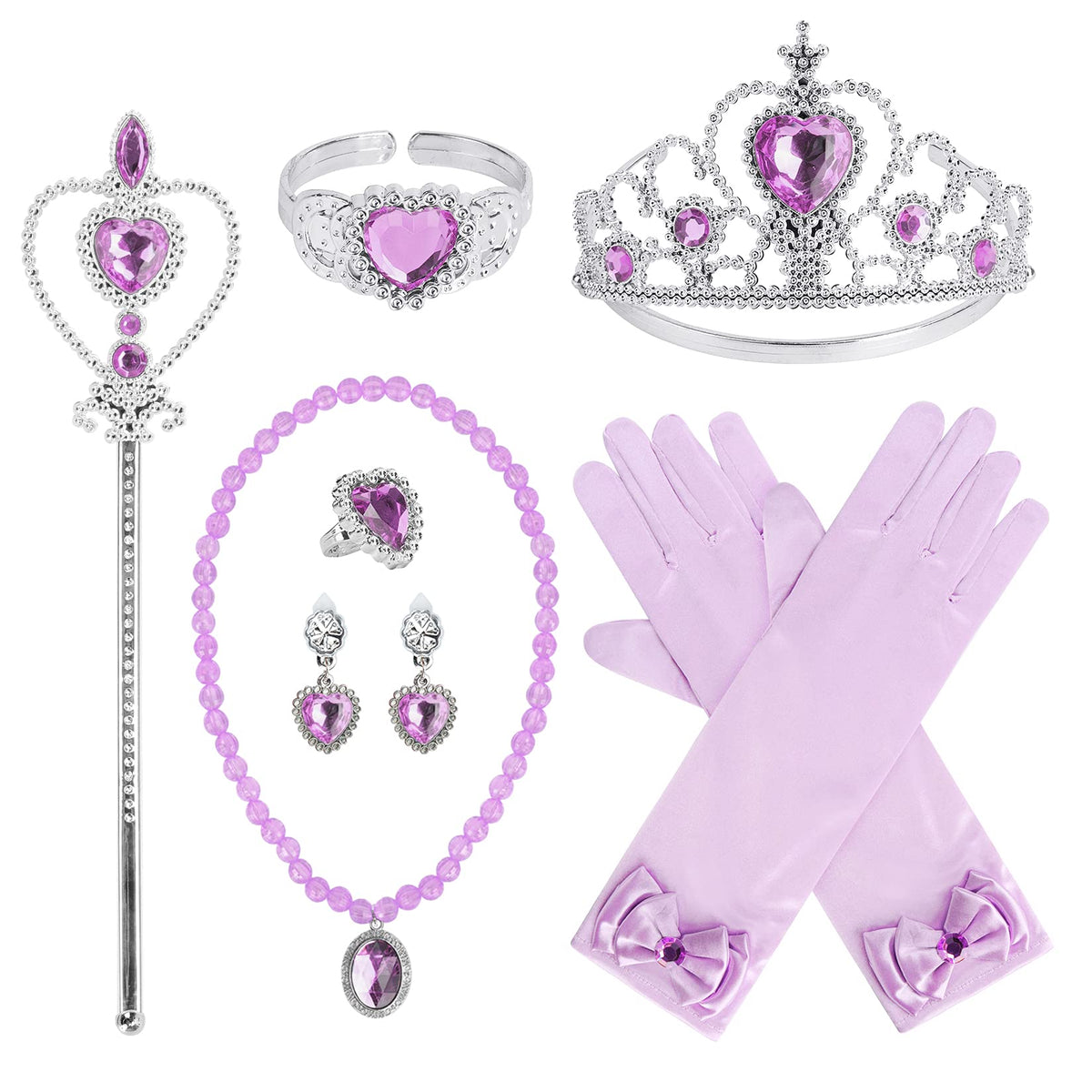 Cocojeci Princess Dress Up Party Accessories for Princess Costume Gloves Tiara Wand Necklace Earrings Bracelet and Ring Gift Set 9pcs (Pink, Set of 7, 9pcs)