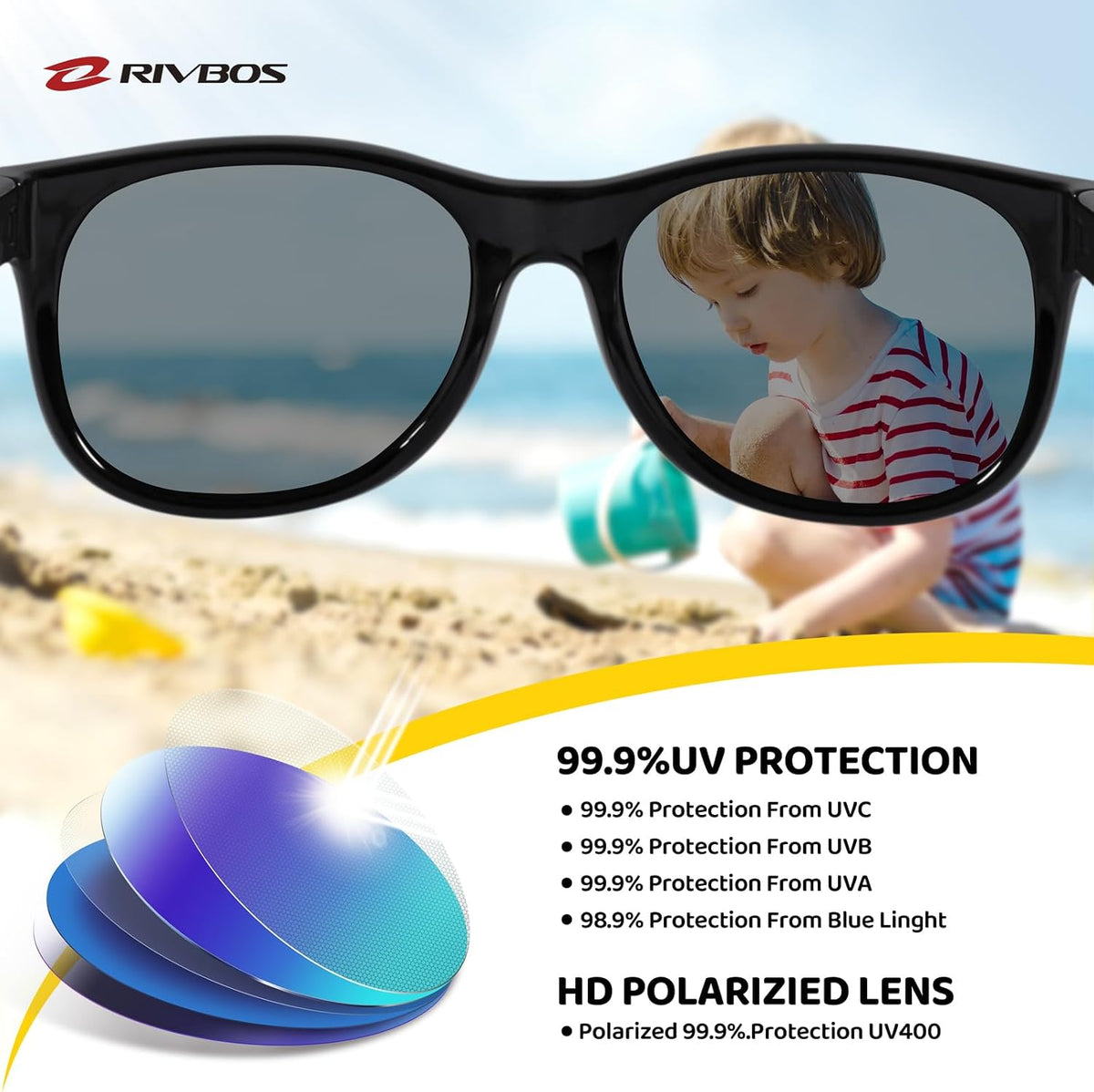RIVBOS Kids Sunglasses Polarized UV400 TPE with Strap for Boys Girls RBK004