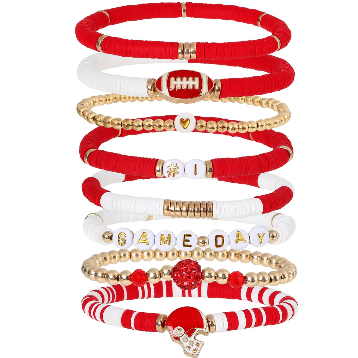 NZKNP 8 Pcs Game Day Bracelets for Women,Football Mom Accessories & Outfits Jewelry Gifts,Football Stackable Clay Beaded Stretch Bracelets,Sports Charm Bracelet Bangles