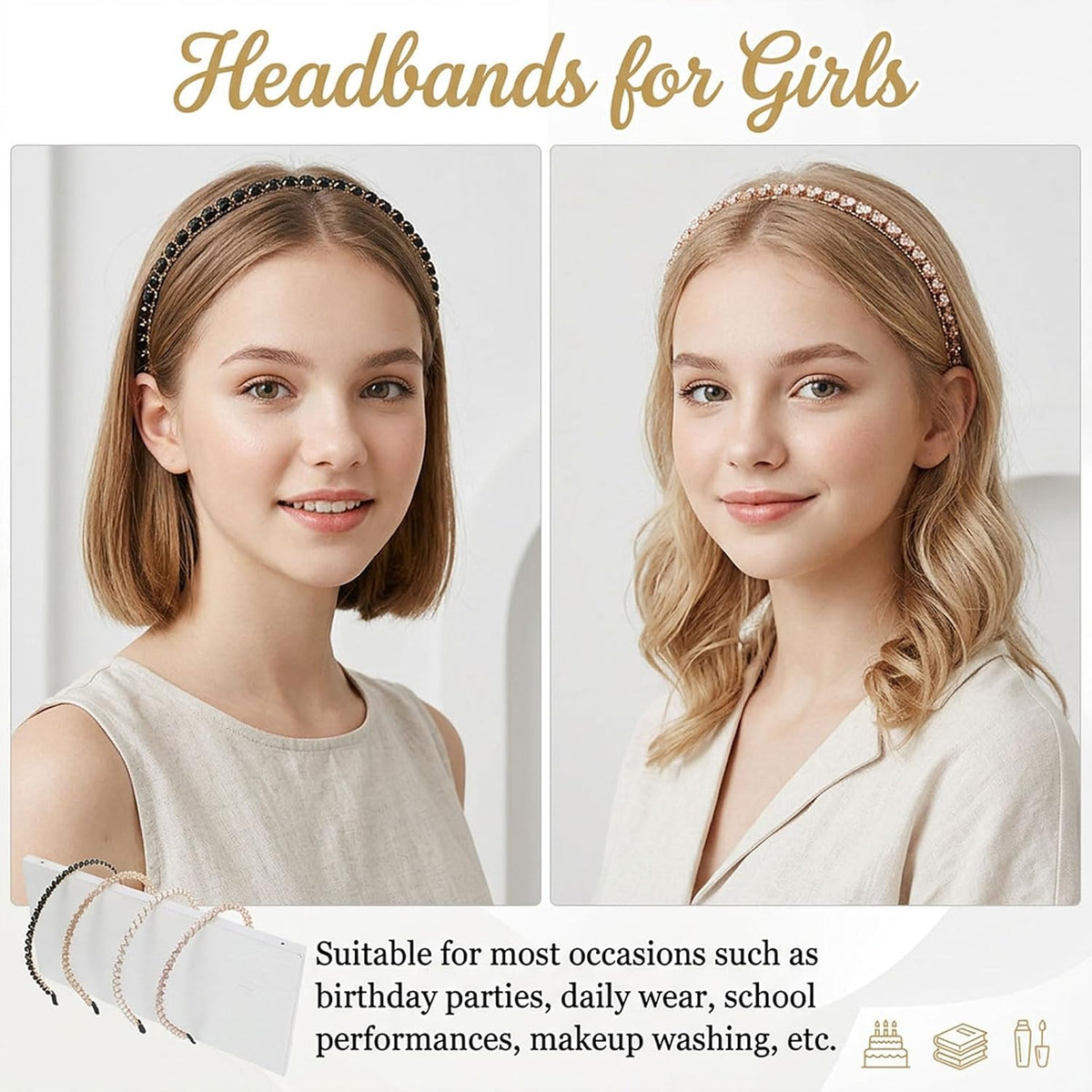 cobee 4 PCS Sparkly Headbands for women Rhinestone Headbands, Glitter Decorative Thin Hairbands Bling Beaded Hair Bands Accessories Beaded Hair Hoop for Women Girls Birthday Wedding