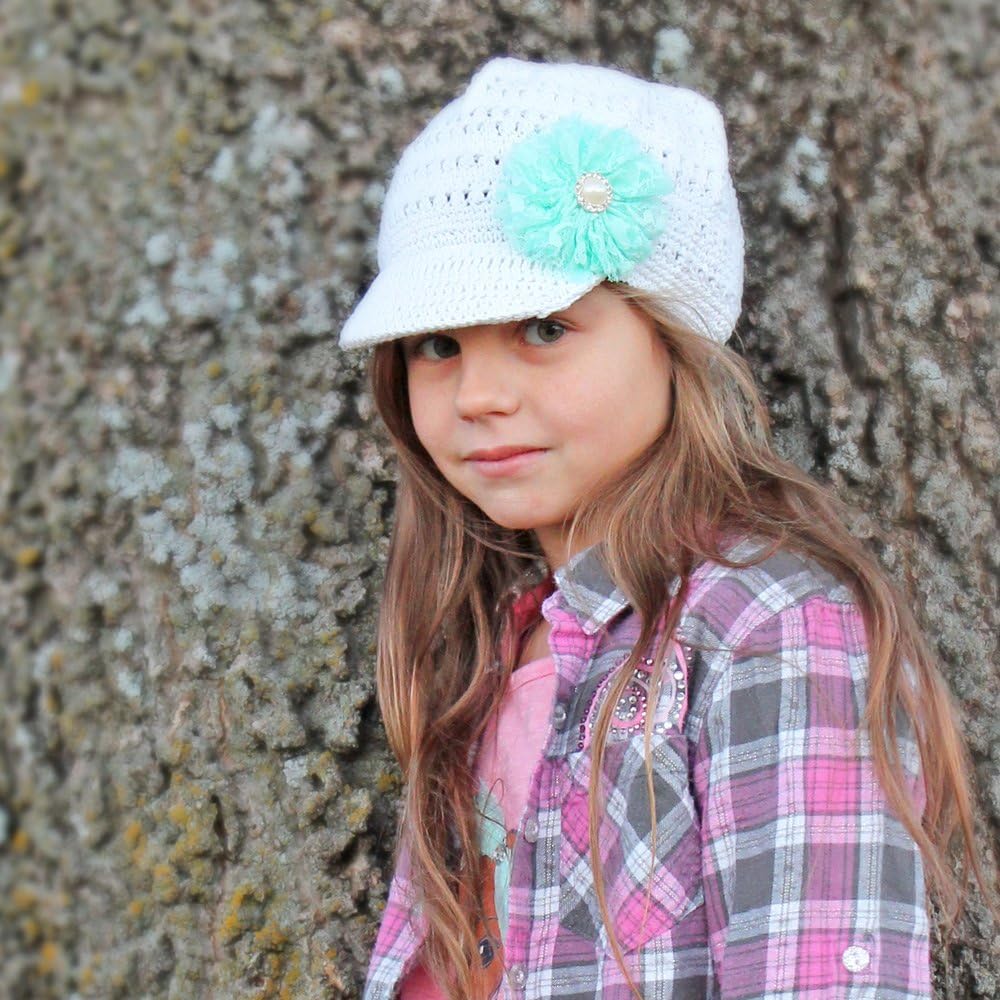 My Lello Little Girl's Newsboy Crochet Beanie Hat with Vintage Lace/Tulle Flower