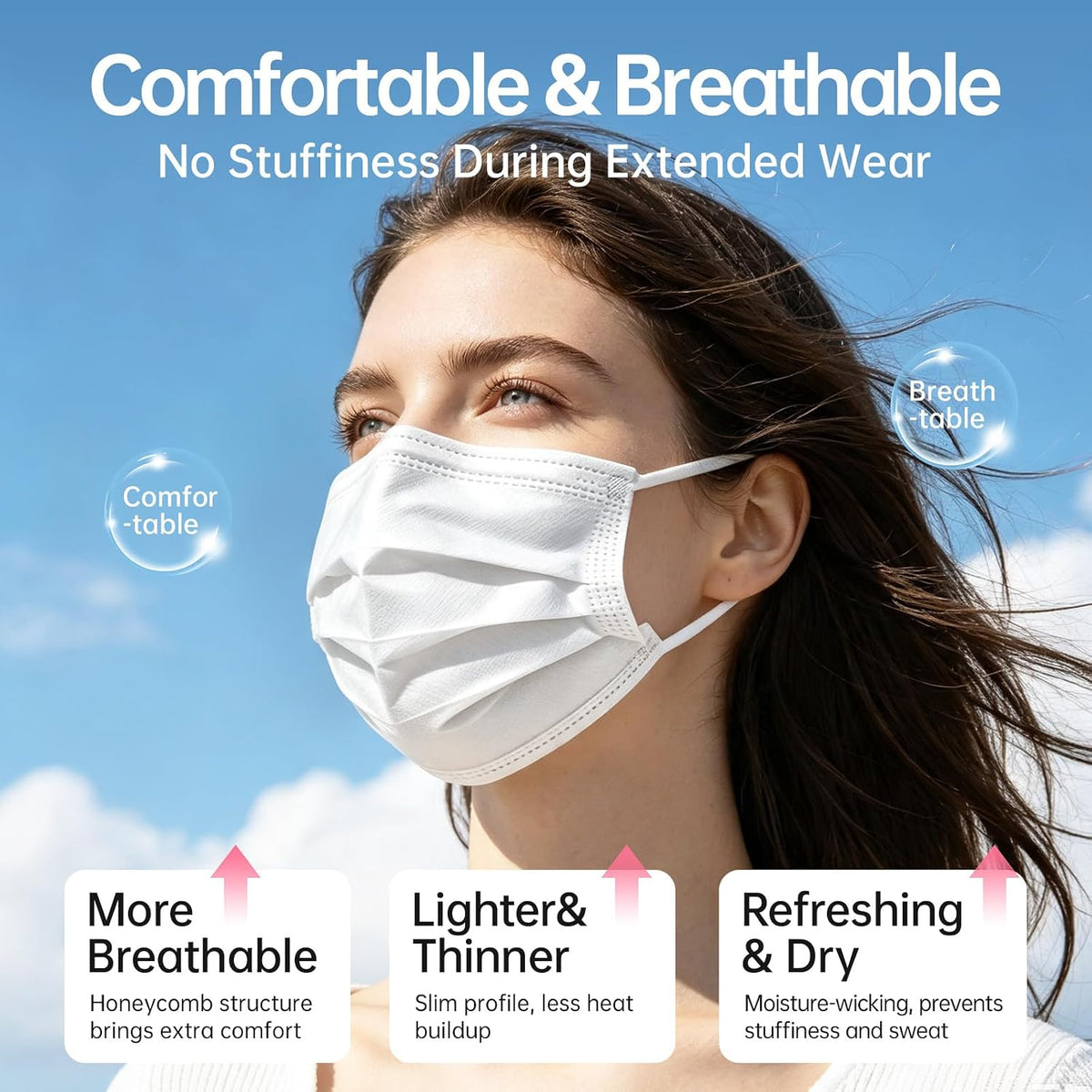 Disposable Face Masks 50Pcs, 3-Ply White Protection Masks, Breathable Mask For Adults Daily Use