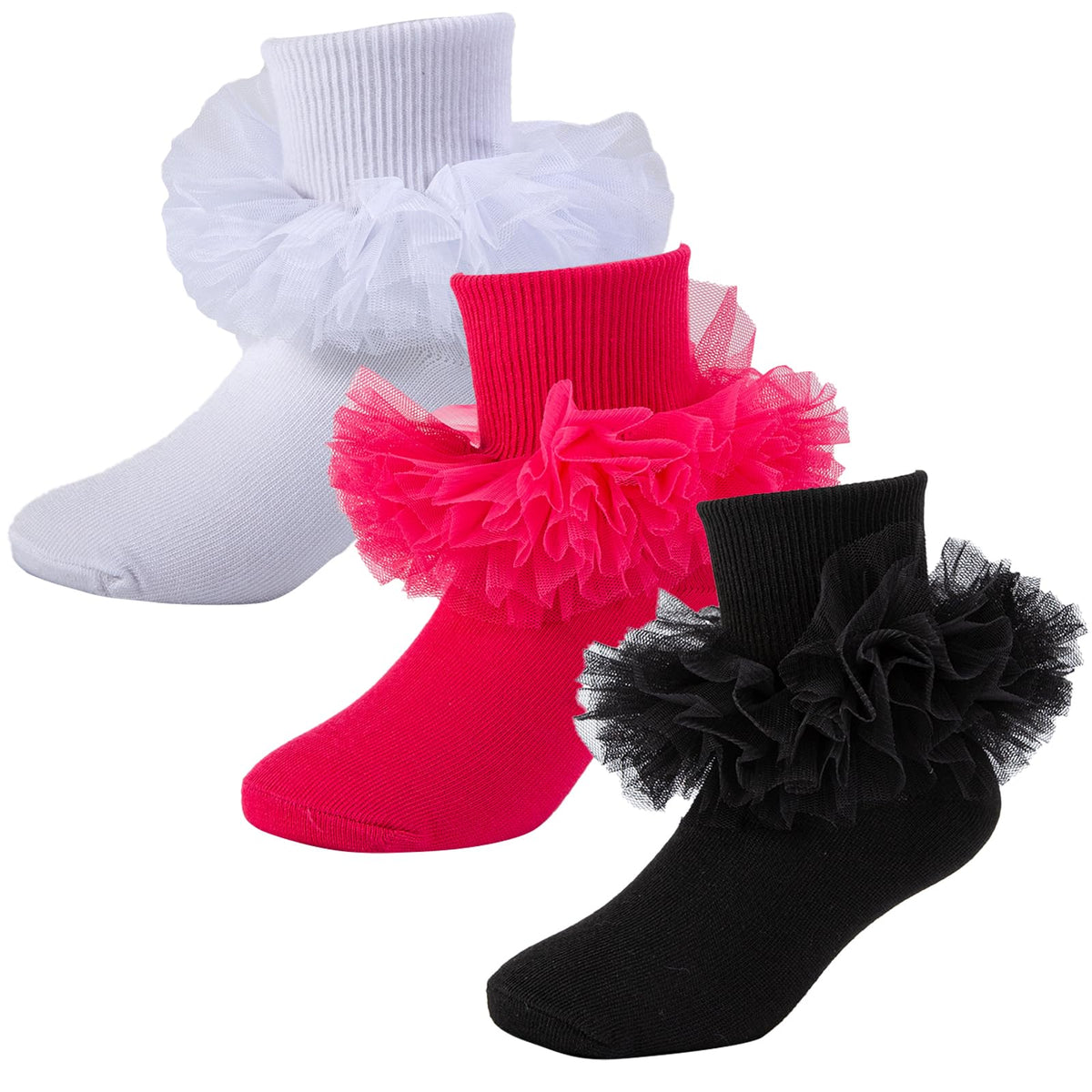Girls Ruffle Socks Toddler Fluffy Ruffle 4-Layer Lace Dress Socks Turn Cuff Pageant Tutu Socks for Baby Girl Kids
