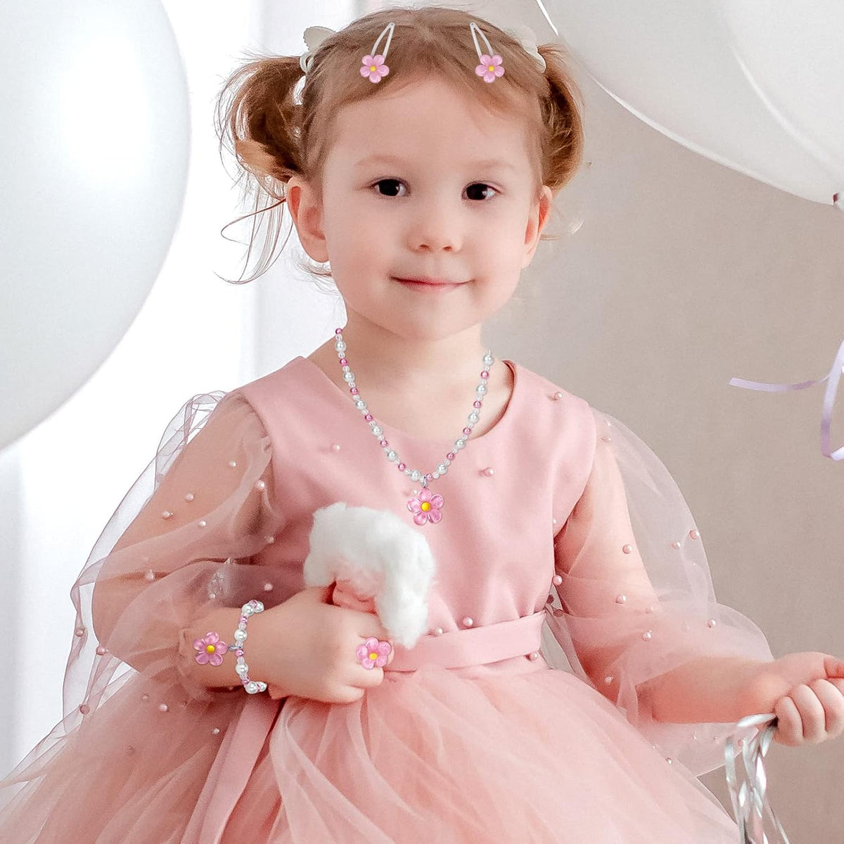 BGSHEMNI Girls Flower Jewelry Set - Toddler Dress up 5 Piece Pretend Plasy Toy Jewelry Box Set with Bead Necklace, Bracelet Ring and Hair Clips - Play Accessories - Ages 3+ Girl Birthday Gifts