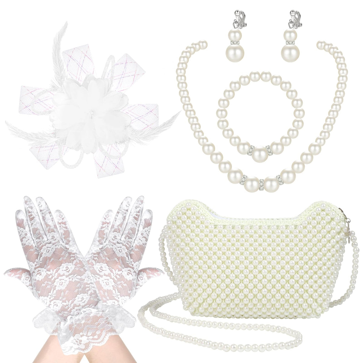 Girls Tea Party Fascinator Hat Beaded Purse Gloves Kids Jewelry Set