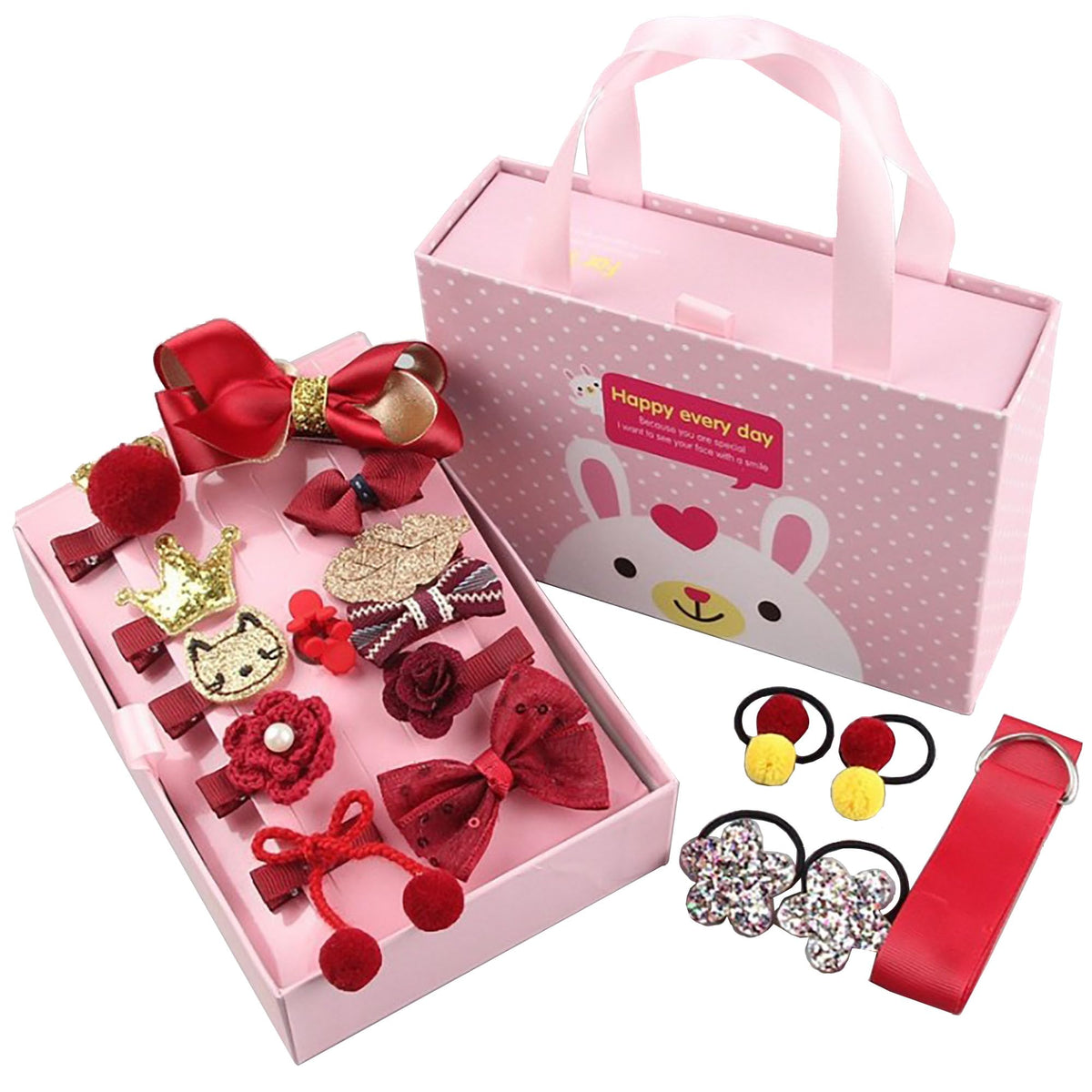 18 Pcs Cute Kids Hair Accessories Bow Elastic Hair Bands Toddler Hair Clips Various Styles Girls Hair Accessories With Organizer and Gift Box Suitable for Girls Baby Teenage Use