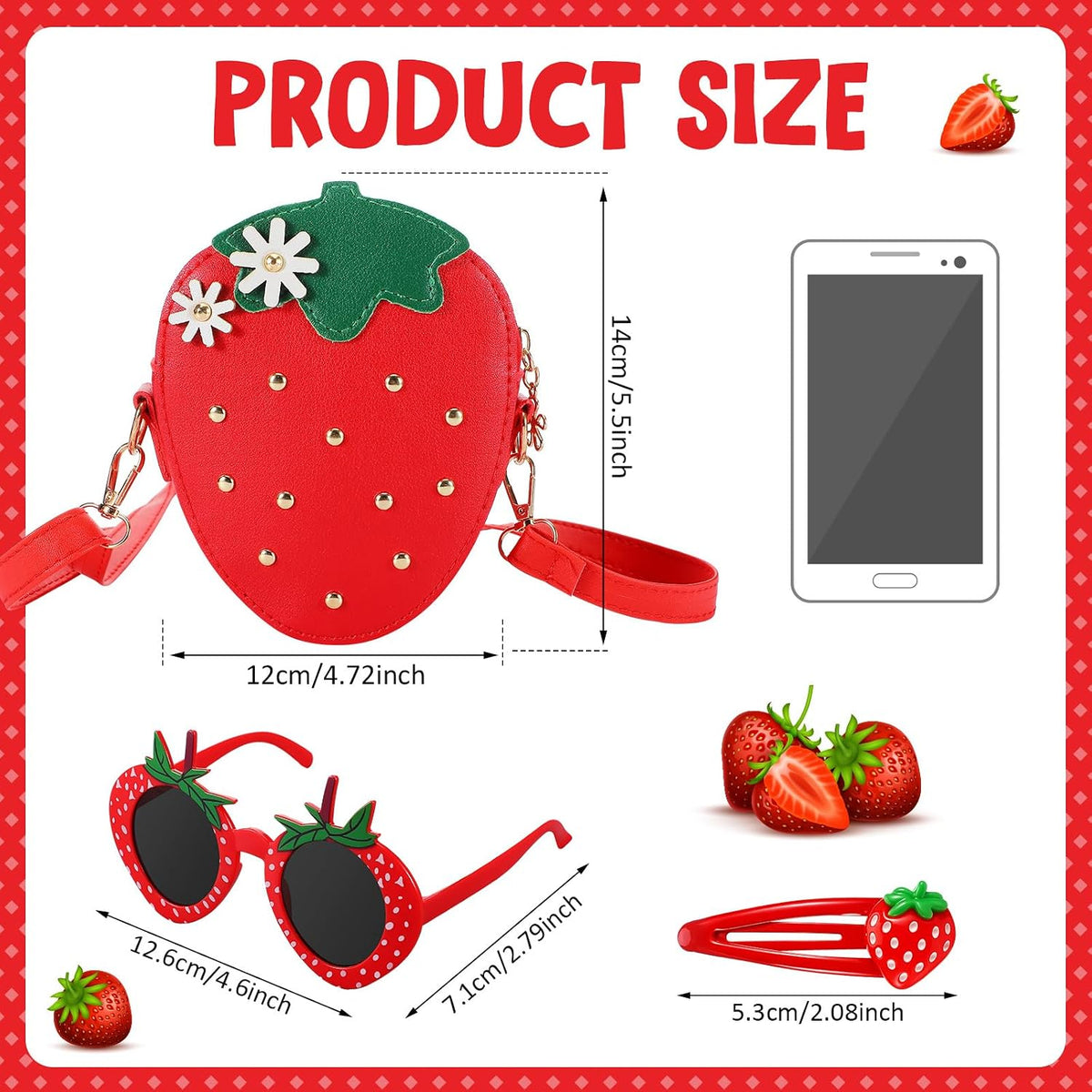 Halfchet 3 Pcs Strawberry Purse for Girls Strawberry Accessories Set Included Fruit Shaped with Rivets Sunglasses Hair Clip Birthday Gifts for Women Stuffs Fruit Accessories(Red)