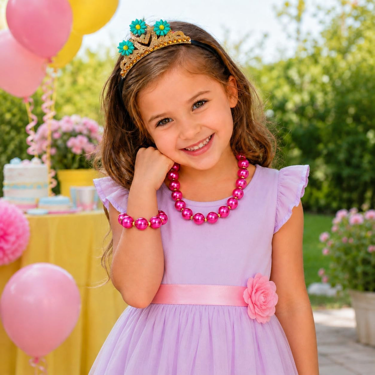 Girls Dress Up Jewelry Set, Teal Daisy Crown Headband with Pink Pearl Necklace and Bracelet, Princess Costume Accessories