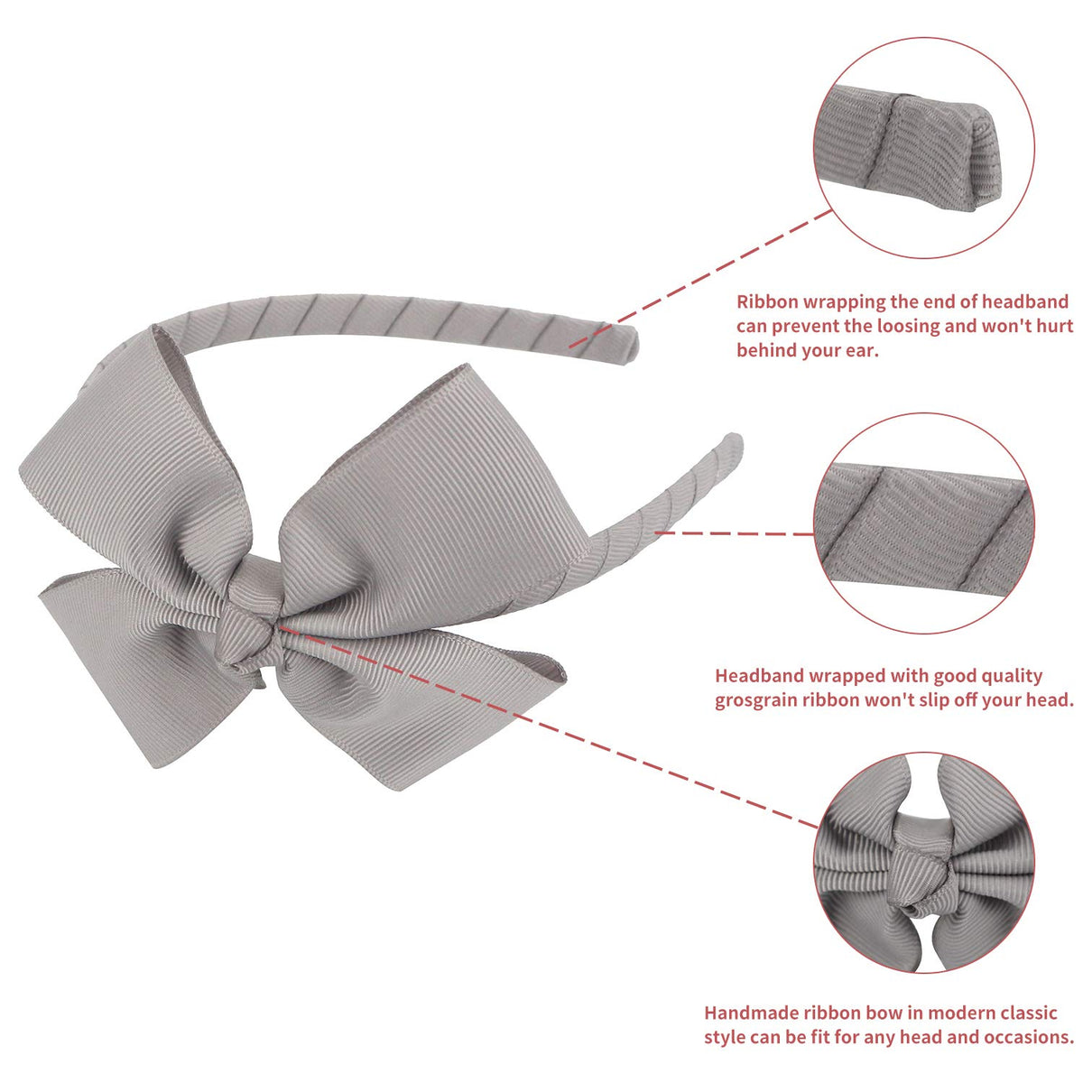 MEEDEE Grey Grosgrain Bow Headband, 1 PCs, for Girls Toddlers Kids Party Decoration Cosplay Costume Hair Accessory, Handmade Hair Band