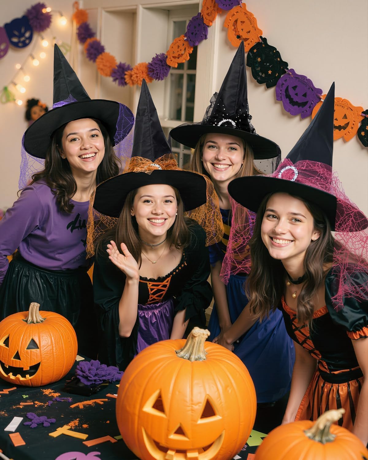 Girls Lace Witch Hat Kids Foldable Halloween Teens with Veil Cosplay