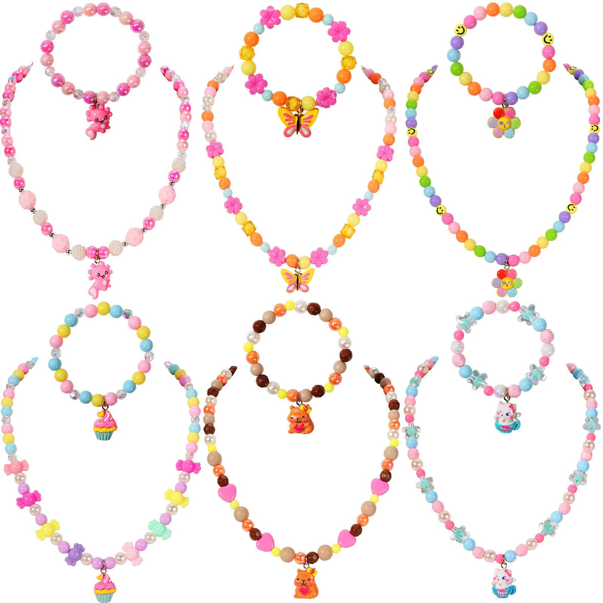 PinkSheep Kids Classic Jewelry, 6 Sets of Beaded Necklaces and Bracelets for Girls, Favors Bags for Girls Jewelry (Classic)