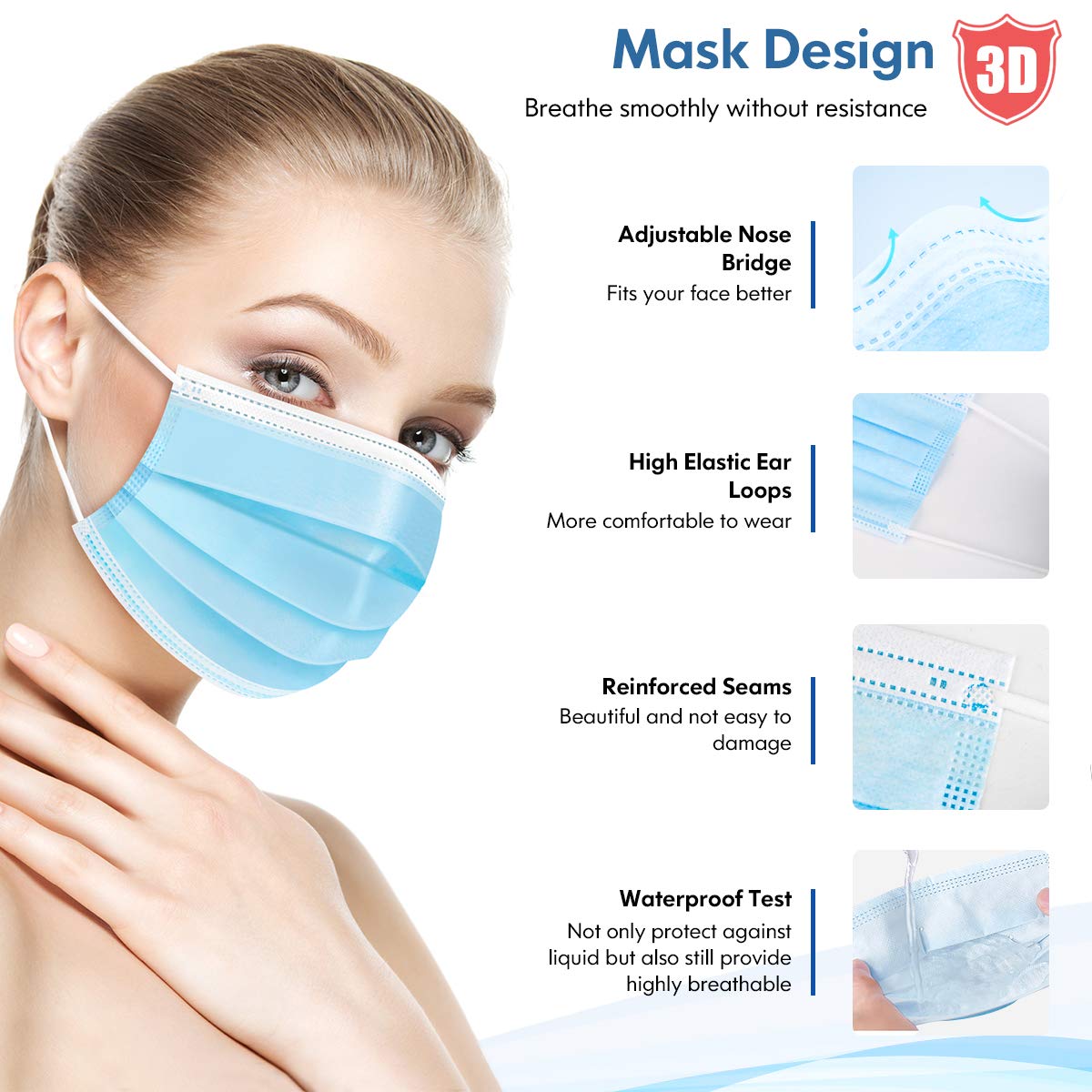 HDFK Face Mask Disposable Adults 3Ply Non-Woven with Nose Clip Blue 50Pack