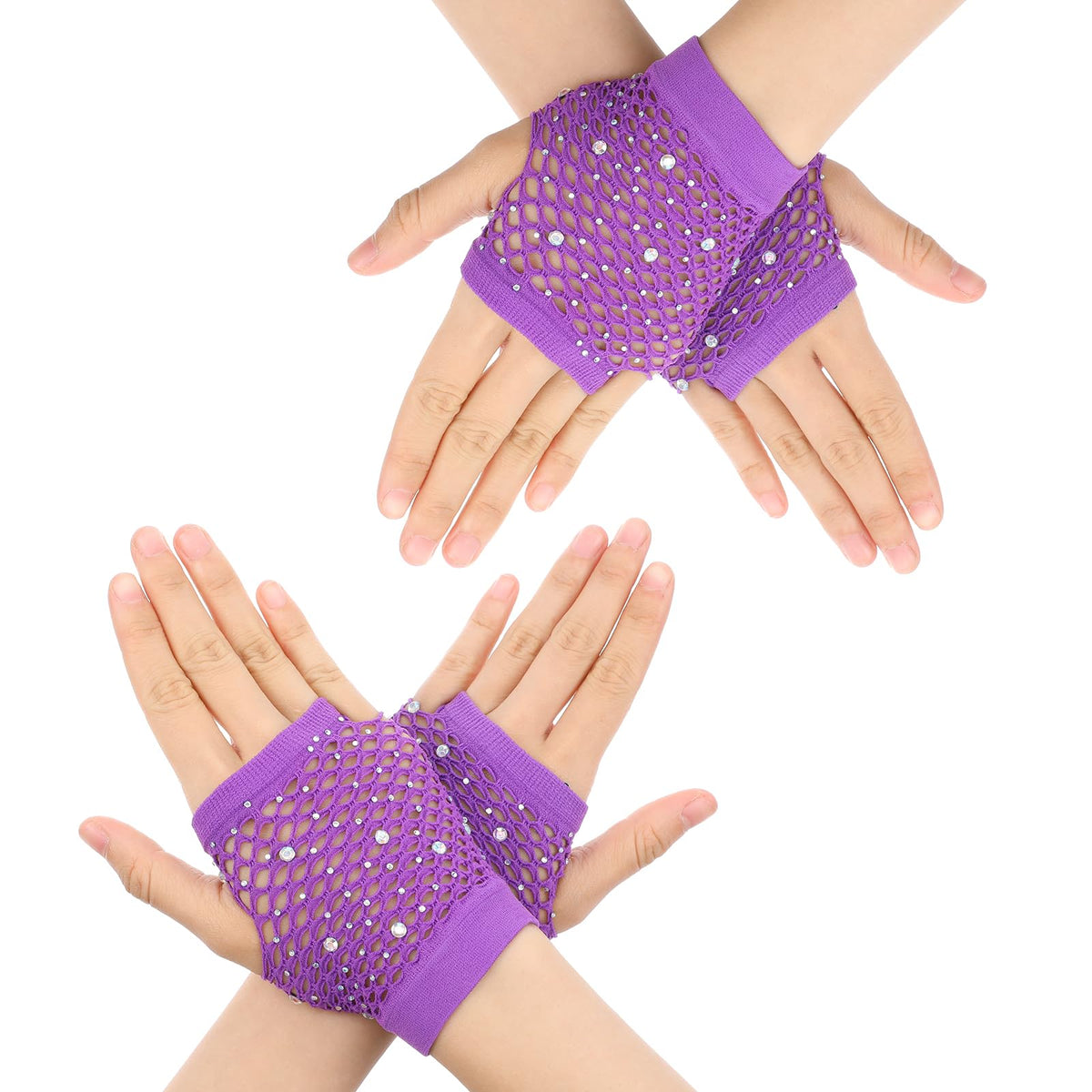 Lusofie 2 Pairs Short Kids Fishnet Gloves Fingerless with Rhinestone for Women girls Fingerless Gloves for 80s 90s Halloween
