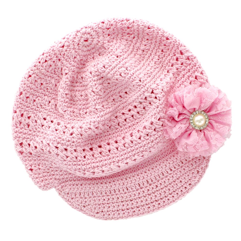My Lello Little Girl's Newsboy Crochet Beanie Hat with Vintage Lace/Tulle Flower