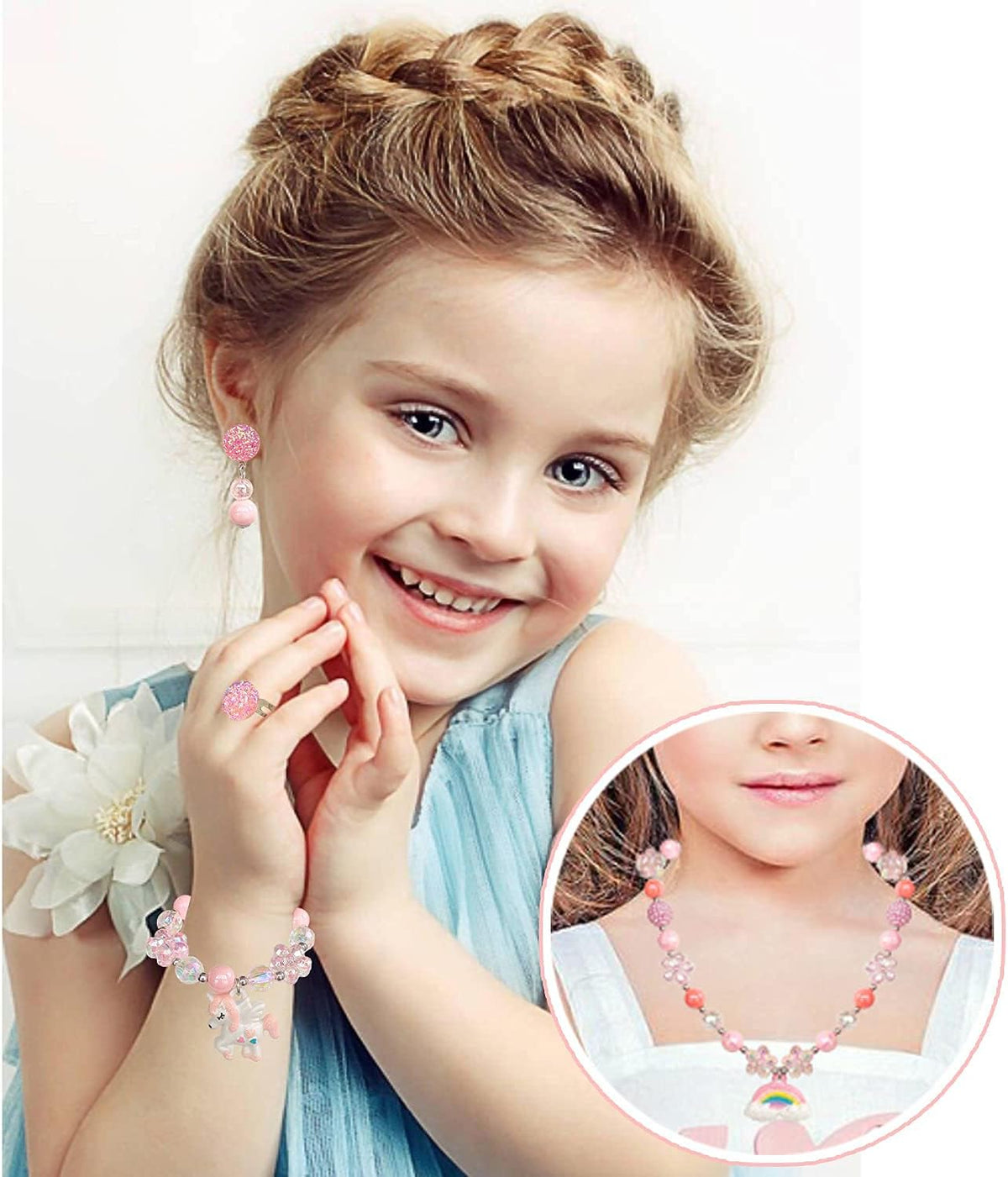 ELEMIRSA Girl Handbag Purse for Little Girls Kids Pretend Play Dress Up Necklace Hair Accessories Jewelry Set, Light Pink