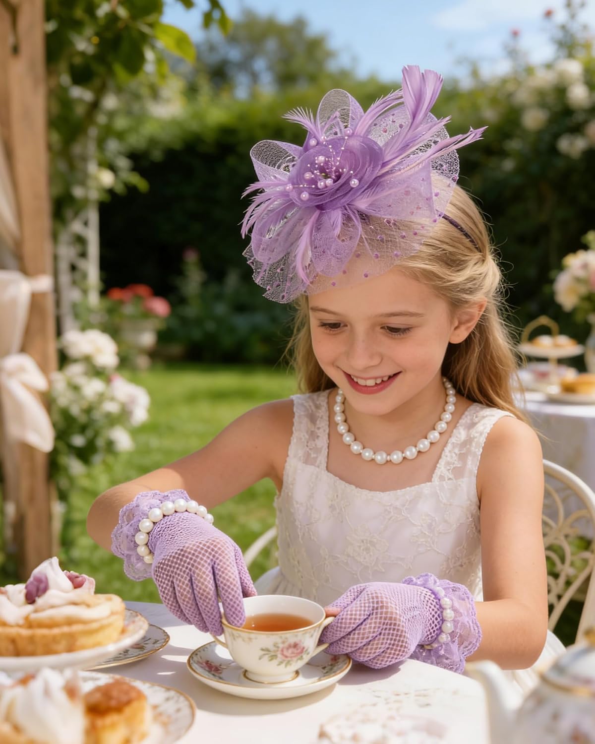 Girls Tea Party Fascinators Hats Lace Gloves Pearl Necklace Set for Wedding 1920s Tea Party Accessories