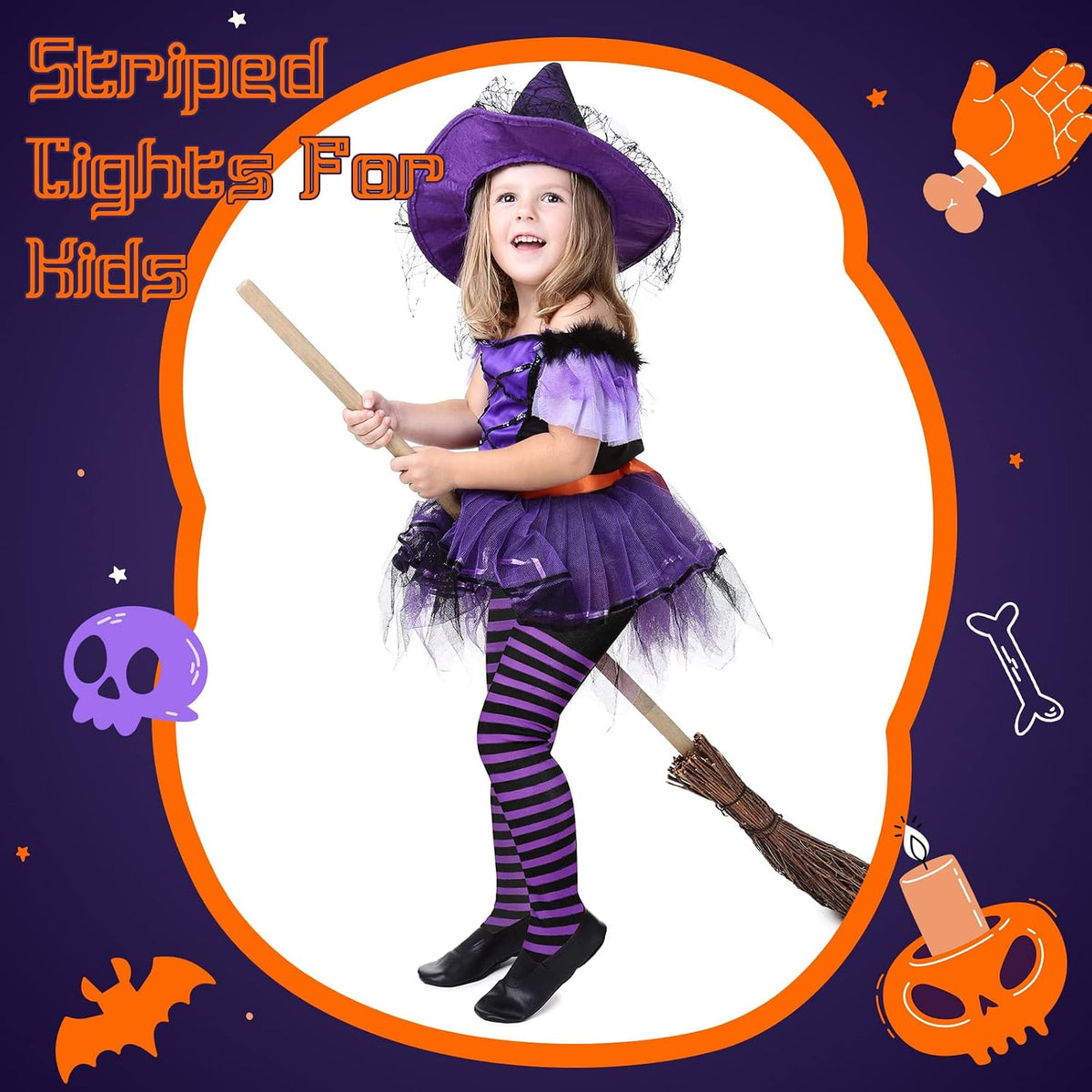 Tarpop Halloween Witch Tights Purple Black Striped for Girls Age 6-12
