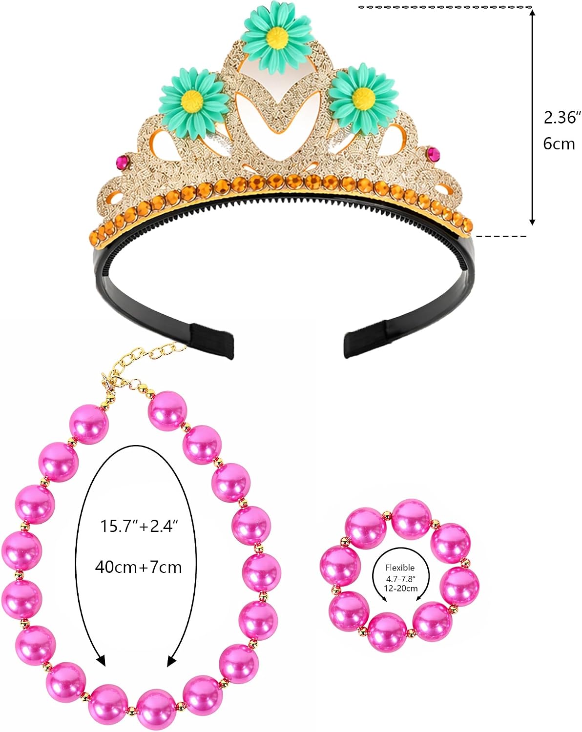 Girls Dress Up Jewelry Set, Teal Daisy Crown Headband with Pink Pearl Necklace and Bracelet, Princess Costume Accessories