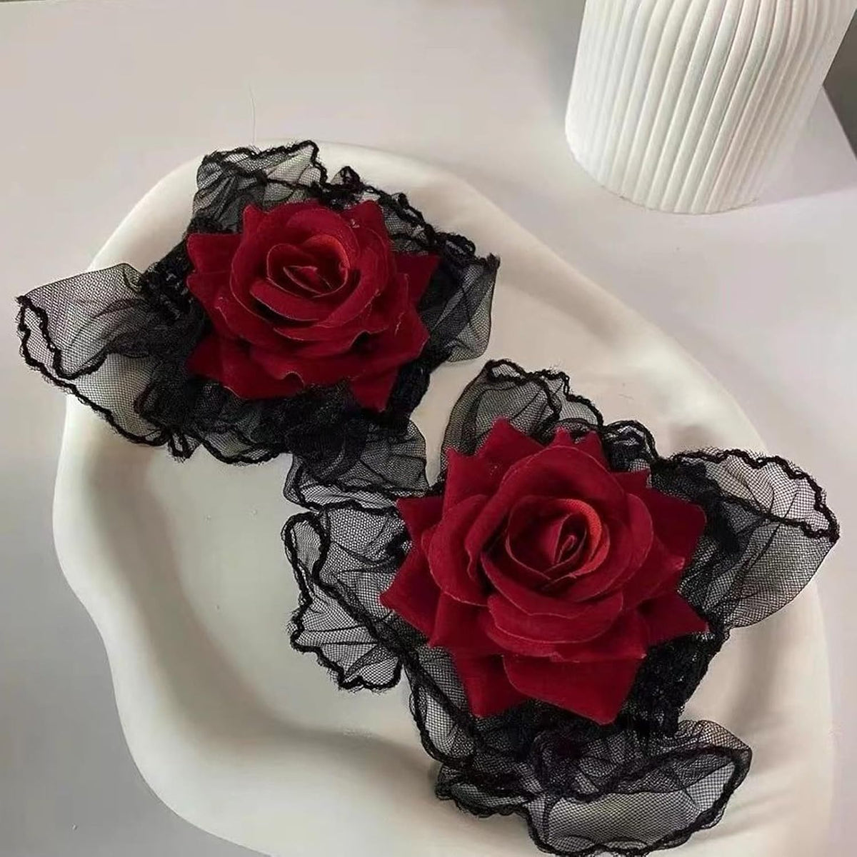 LUNROUG Gothic Rose Lace Gloves, Black with Wine Red Flower, 1 Pair