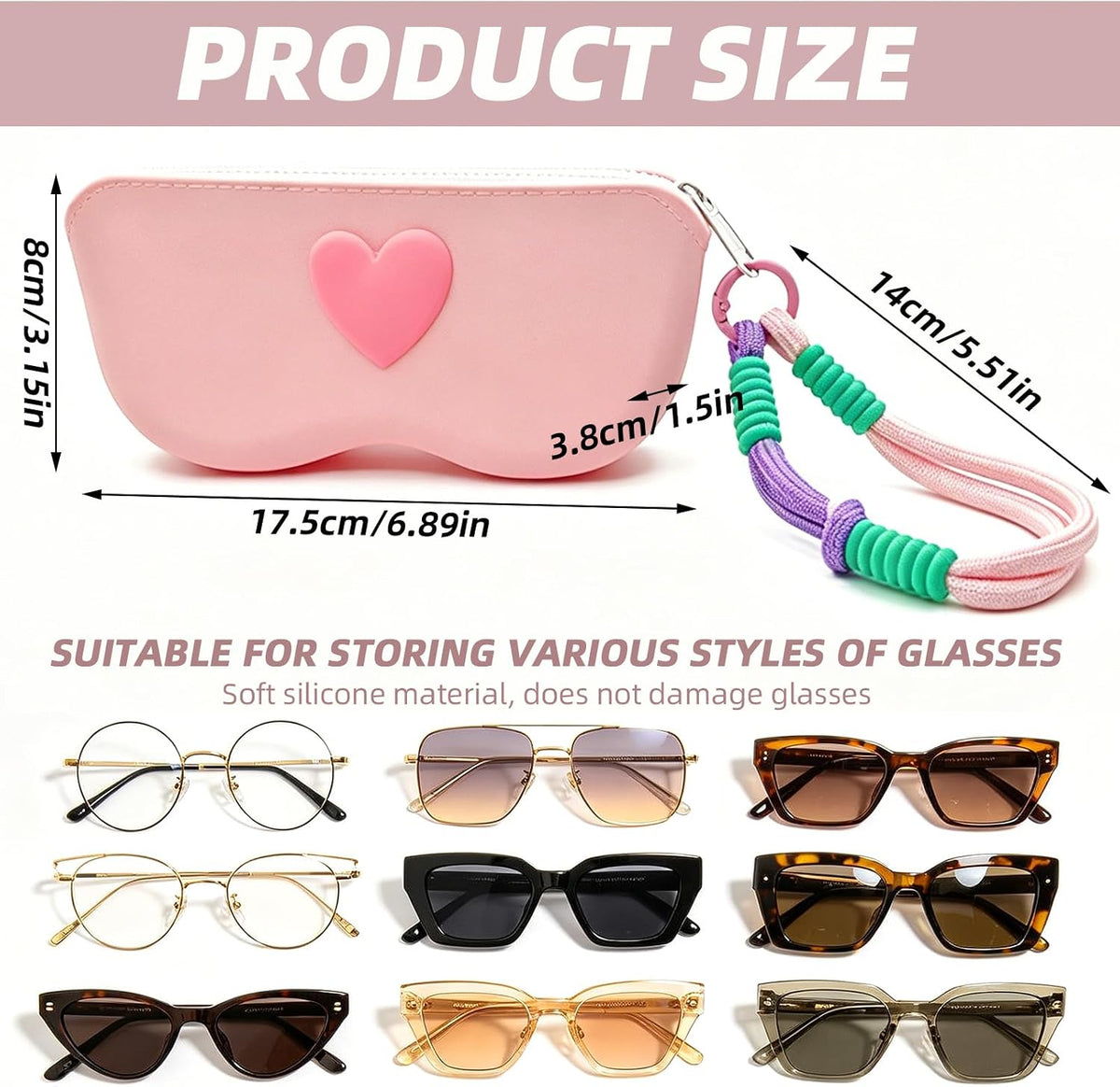 Portable Eyeglasses Case Soft Silicone Zipper Sunglasses Pouch Waterproof Drop-Resistant Bag for Women Girls