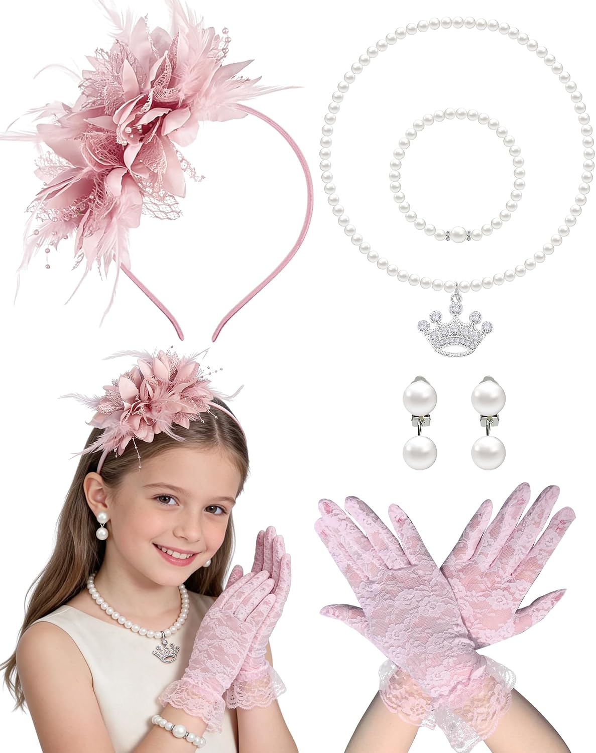 Girls Tea Party Fascinators Hats Tea Party Headband and Lace Glove Set for Girls 1920s Party