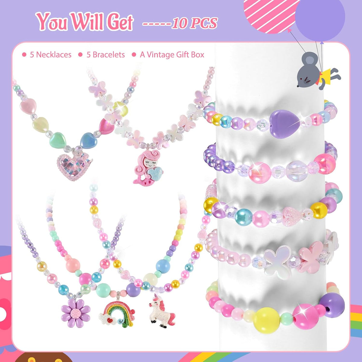 Faburo 10pcs Kids Jewelry for Girls, Little Girls Jewelry Necklace for Girl