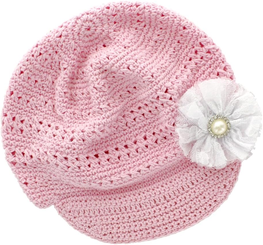 My Lello Little Girl's Newsboy Crochet Beanie Hat with Vintage Lace/Tulle Flower