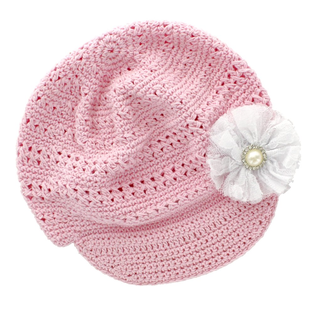 My Lello Little Girl's Newsboy Crochet Beanie Hat with Vintage Lace/Tulle Flower
