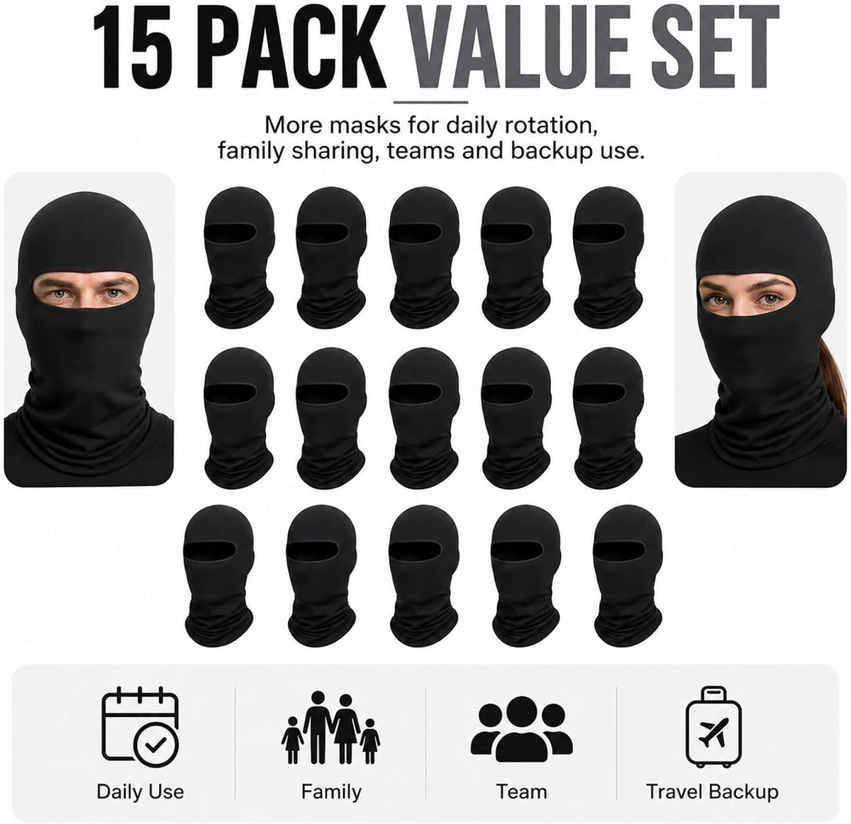 15 Pack black Ski Mask for Men Balaclava,Summer Cooling Neck Gaiter UV Protector Ski Scarf for Women Sports mask