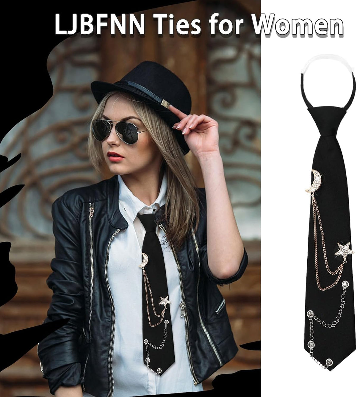 LJBFNN Black Ties for Women, Womens Tie with Metal Chain 2.76'' Pre-Tied Necktie for Girls School Uniform Shirt Accessory
