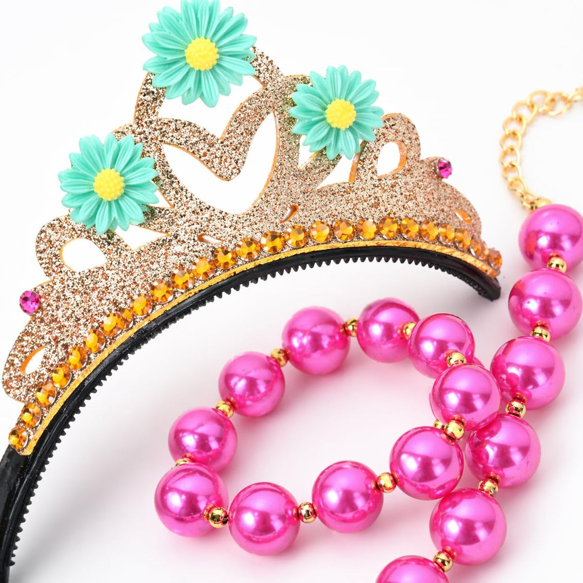 Girls Dress Up Jewelry Set, Teal Daisy Crown Headband with Pink Pearl Necklace and Bracelet, Princess Costume Accessories