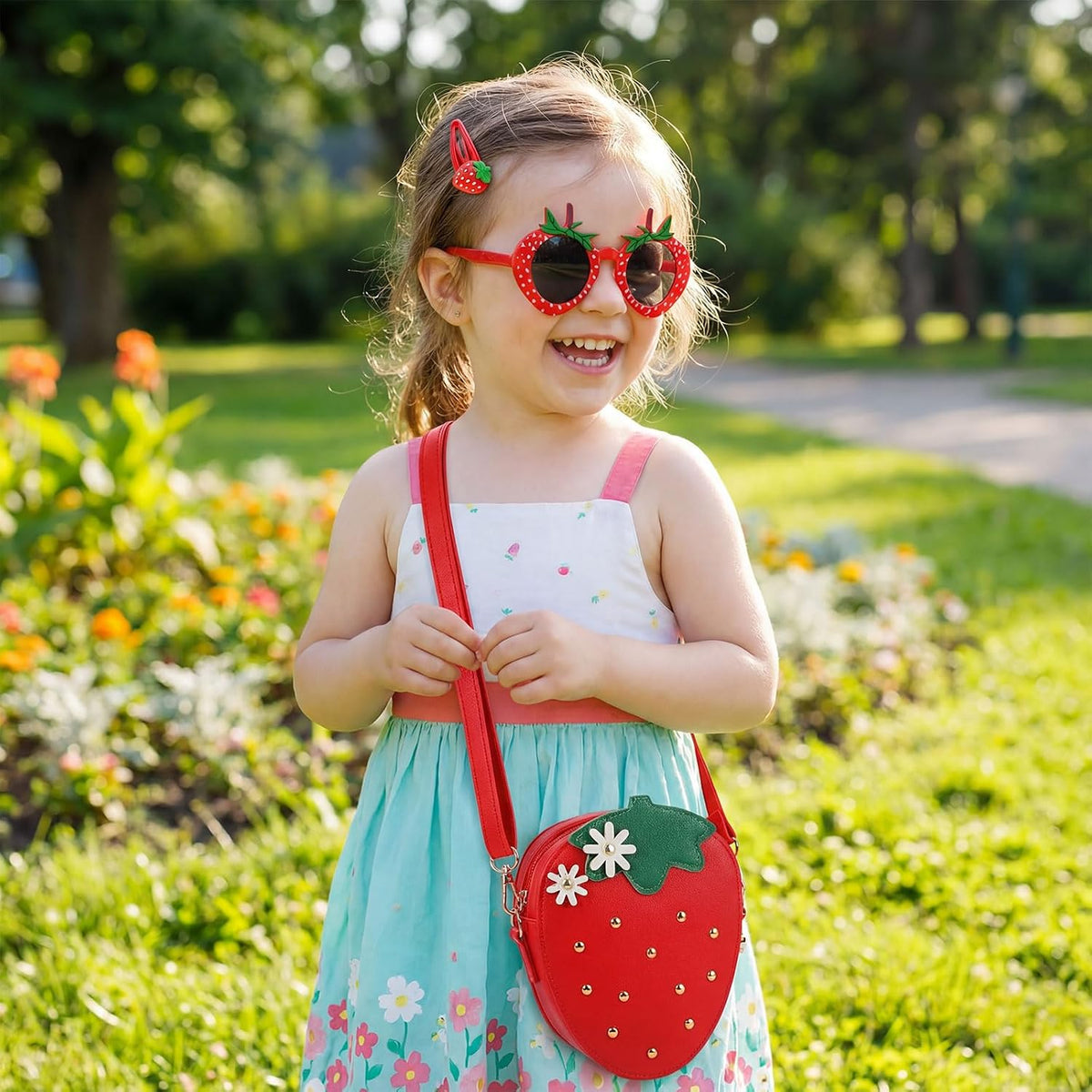 Halfchet 3 Pcs Strawberry Purse for Girls Strawberry Accessories Set Included Fruit Shaped with Rivets Sunglasses Hair Clip Birthday Gifts for Women Stuffs Fruit Accessories(Red)