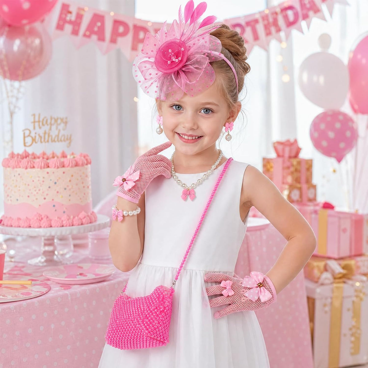 Girls Tea Party Fascinator Hat Beaded Purse Gloves Kids Jewelry Set