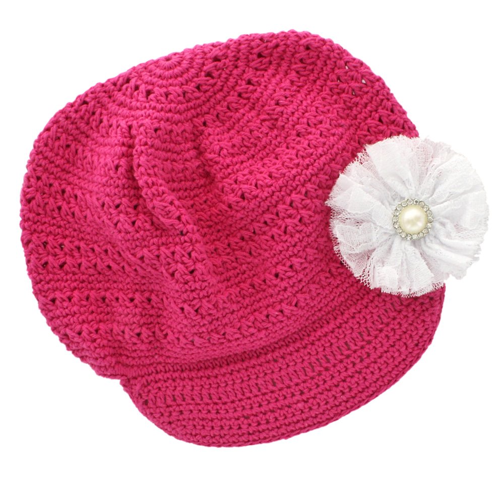 My Lello Little Girl's Newsboy Crochet Beanie Hat with Vintage Lace/Tulle Flower