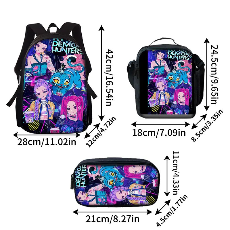 Demon Hunter 3pcs Print Backpack Set - Lightweight Travel Bag, Multifunctional Organizer And Pouch | Adjustable Shoulder Strap, Fashionable Design, Suitable for Teens, for Teenager, For Teenager