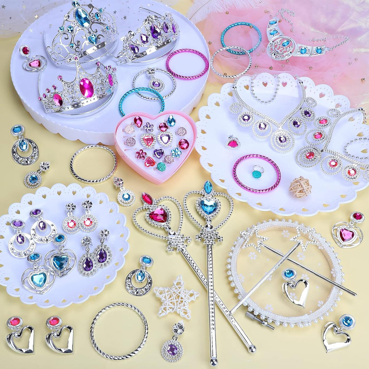NINAOR 56 Pack Princess Jewelry for Girls Princess Dress Up Accessories Kids Play Jewelry for Girls Included Crown Wand Necklace Bracelet Rings Earrings Great as Princess Party Decoration