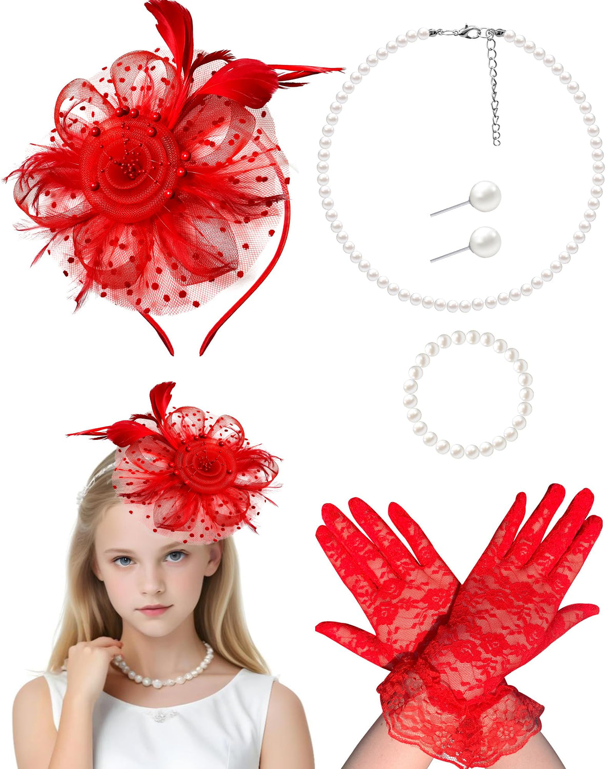 Gril Tea Party Hat Fascinators with Gloves for Church Wedding 1920s 50s Party Cosplay Accessories
