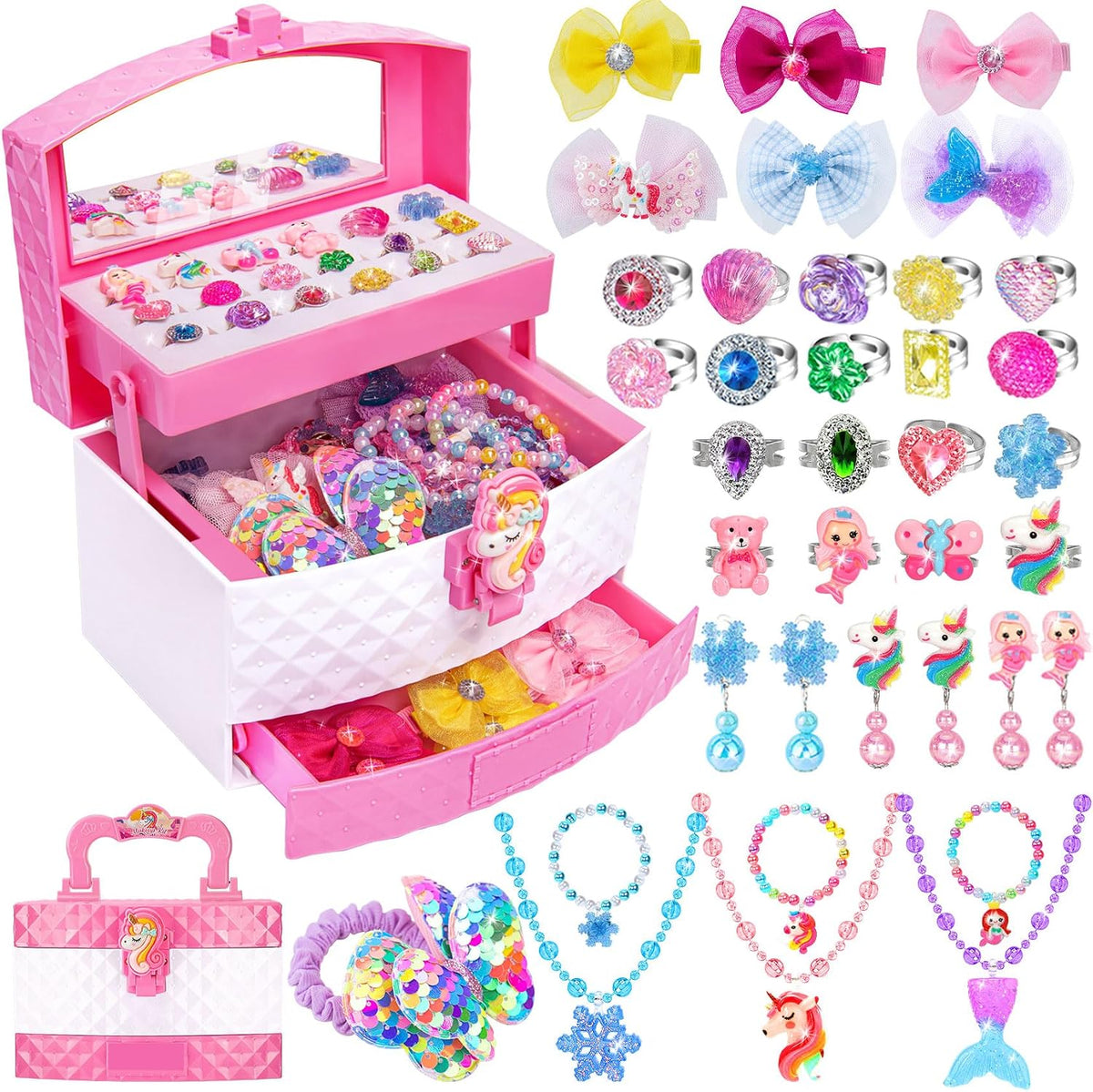 Jewelry Toys for Girls, Adjustable Rings, Necklaces, Butterfly Hair Clips