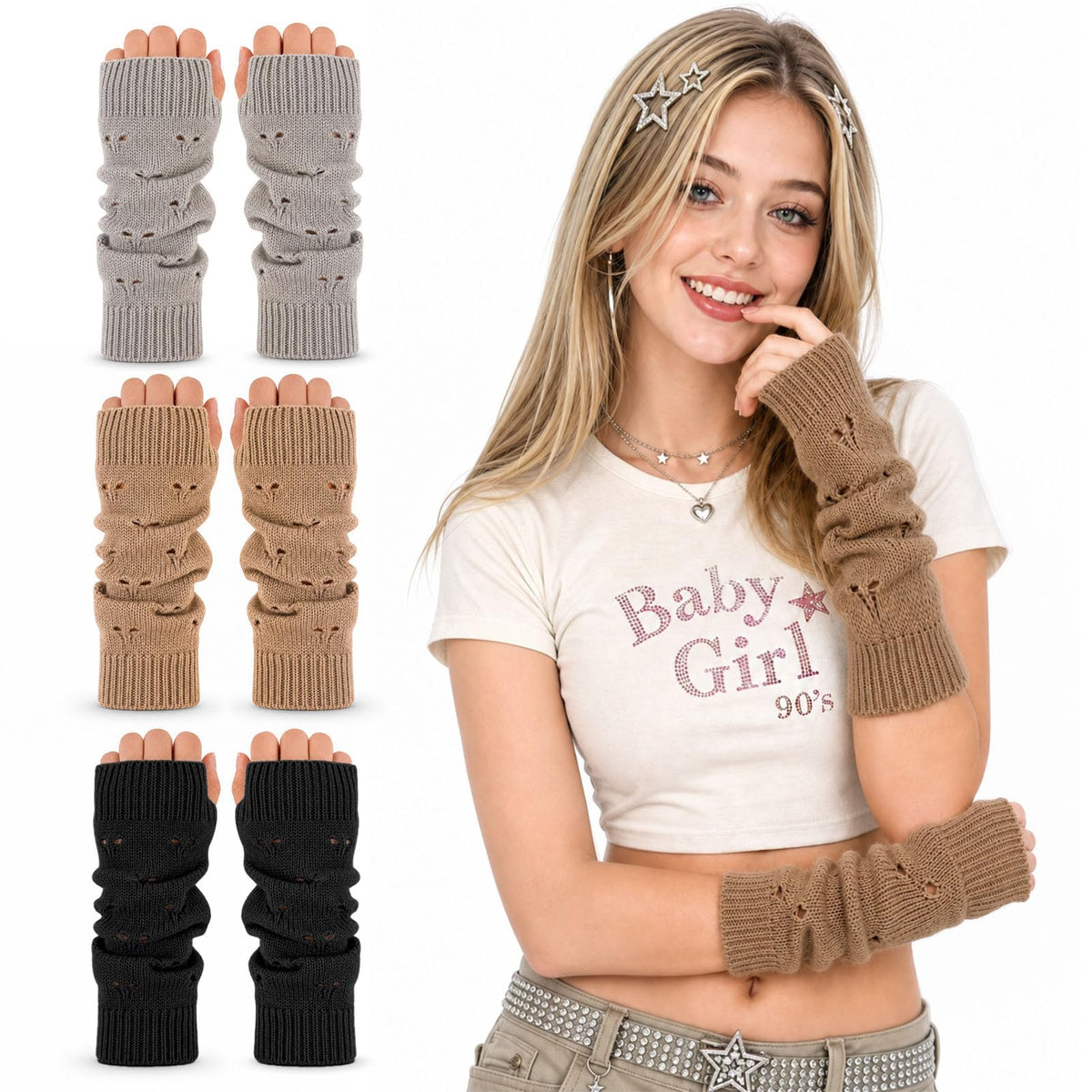 3 Pack Y2K Fingerless Arm Warmers Gloves for Women