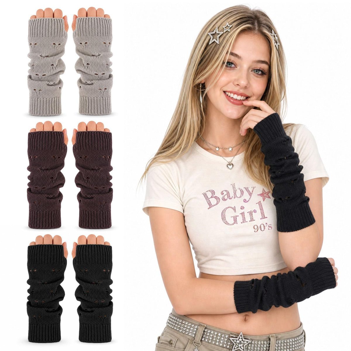 3 Pack Y2K Fingerless Arm Warmers Gloves for Women