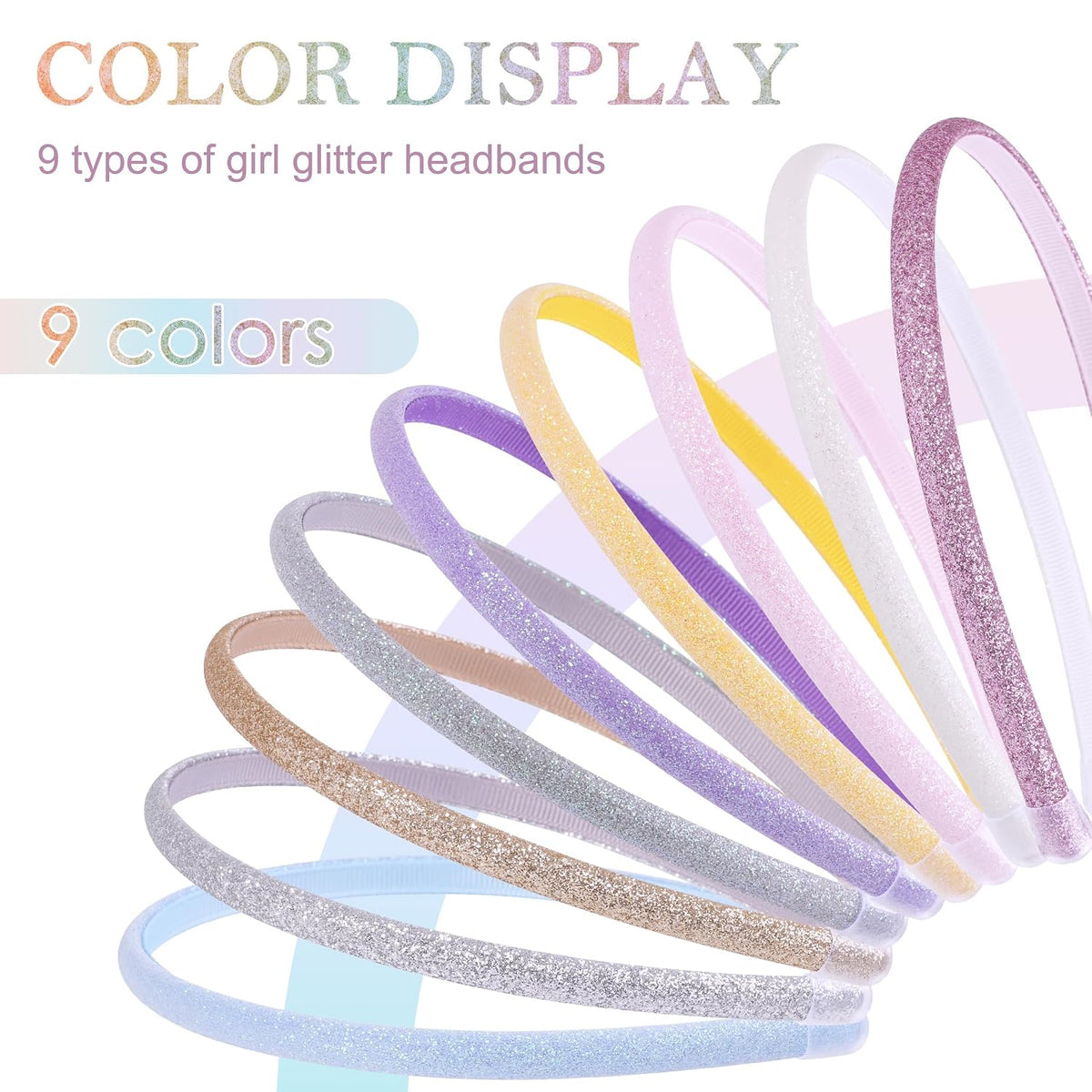 9 Pcs Glitter Headbands Set: Rainbow Sparkly Soft Headbands for Toddlers, Kids, Teens, and Women - Non-Slip and Comfortable, 9 Colors