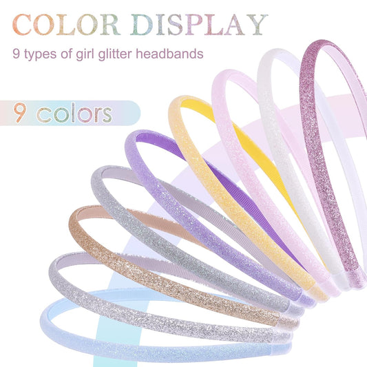 9 Pcs Glitter Headbands Set: Rainbow Sparkly Soft Headbands for Toddlers, Kids, Teens, and Women - Non-Slip and Comfortable, 9 Colors