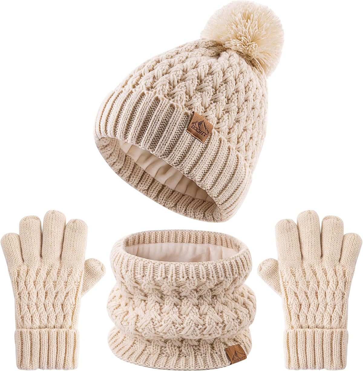 Kids Pompom Winter Beanie Hat Scart Gloves Set,Boys Girls Knitted Fleece Lined Woollen Hat for Children's 3-9 Years