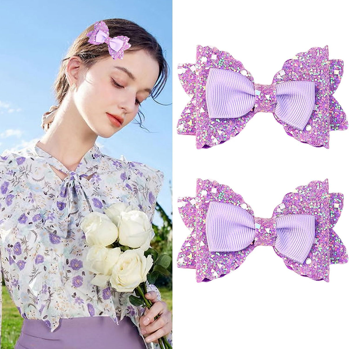 Purple Glitter Hair Clips Fashion Bow Clips Sparkling Bow Alligator Clips Hairpins Women Girls Hair Accessories for Baby Shower,Birthday Party Festival Gifts (purple)