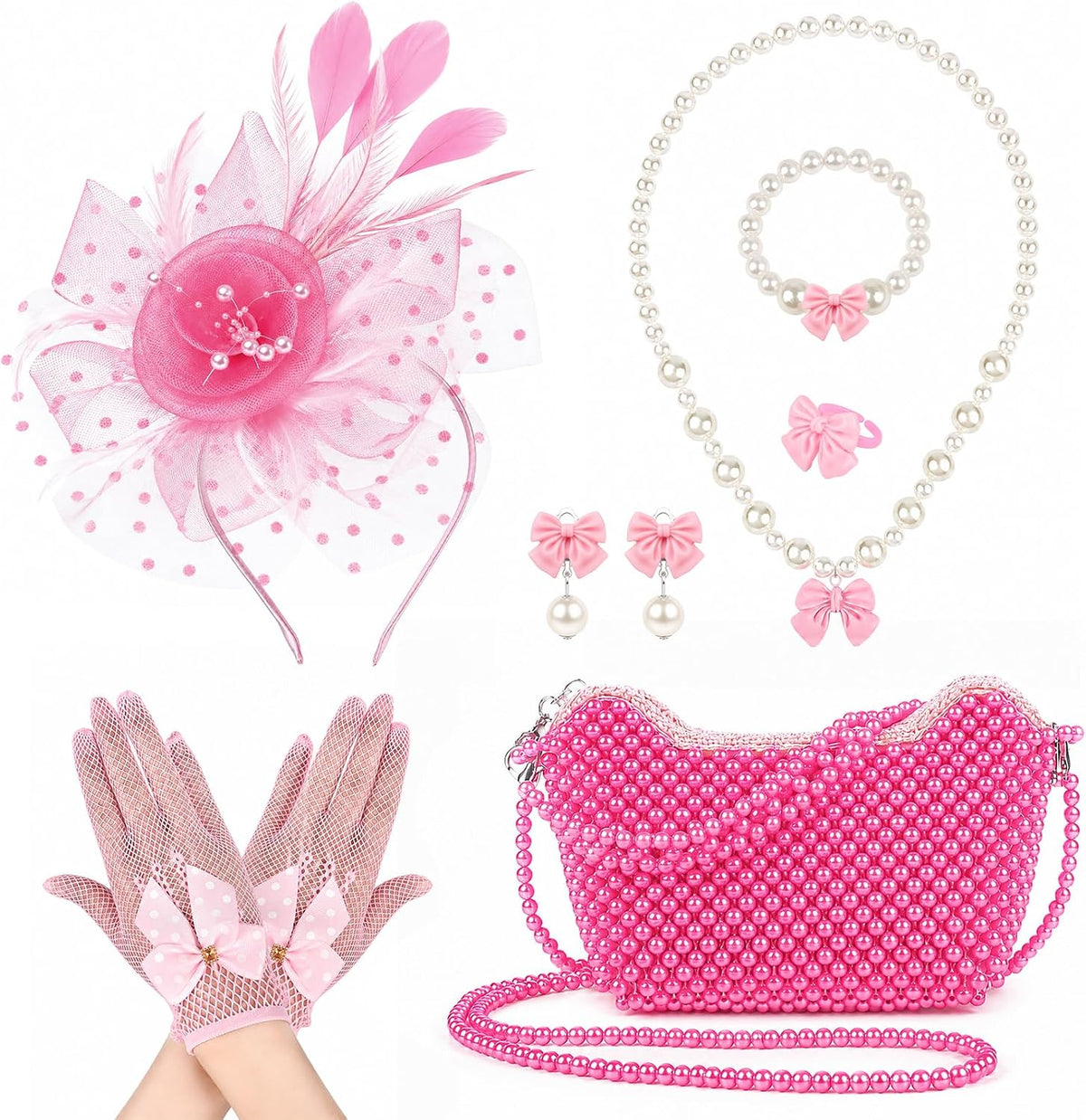 Girls Tea Party Fascinator Hat Beaded Purse Gloves Kids Jewelry Set