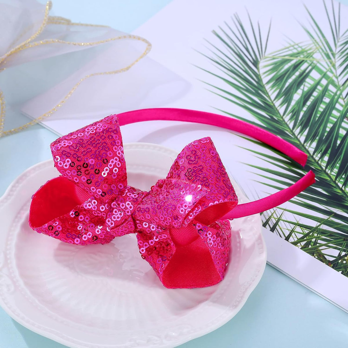 Sparkle Glitter Sequin Bow Headband for Children Girls- Boutique Style Hair Accessory with Bow Ribbon - 2 Piece (HotPink, Pink)