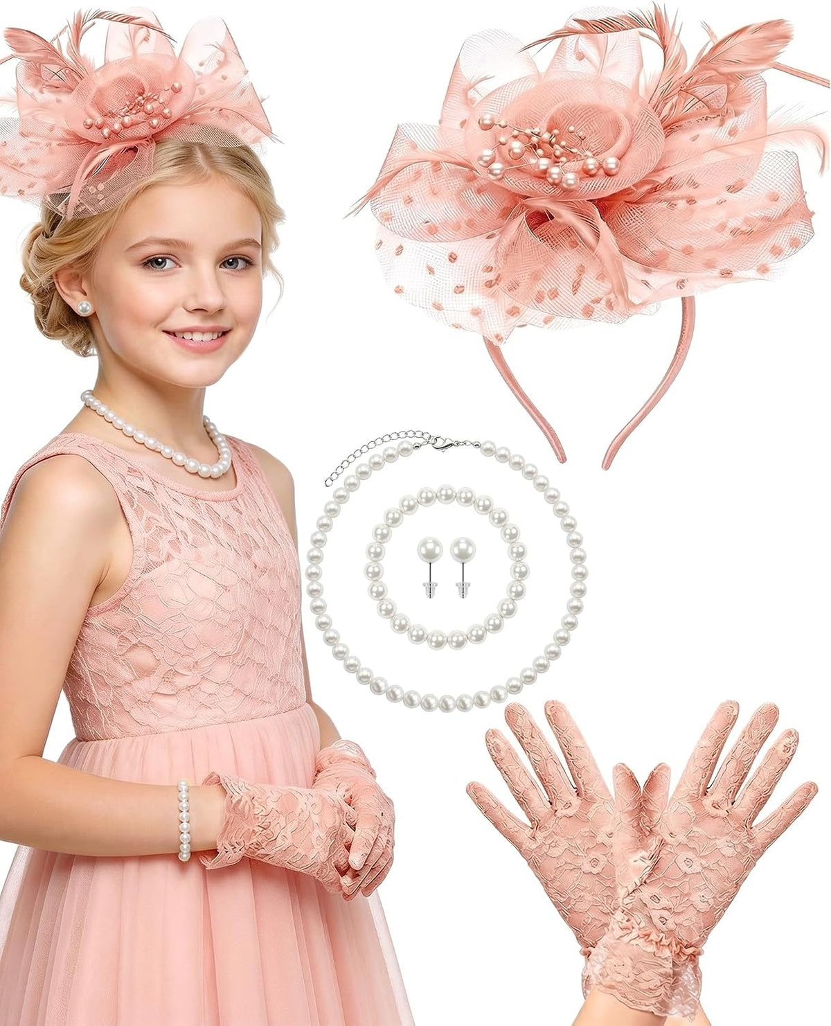 Girls Tea Party Fascinator Hats Headband for Kids with Gloves Accessories
