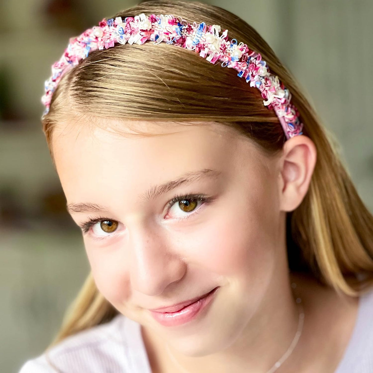 FROG SAC 2 Headbands for Girls, Pink Pearl Beaded Head Bands for Kids, Cute Little Girl Headband Hair Accessories, Confetti Pearl Bead Hair Band for Children, Easter Basket Fillers Stocking Stuffers